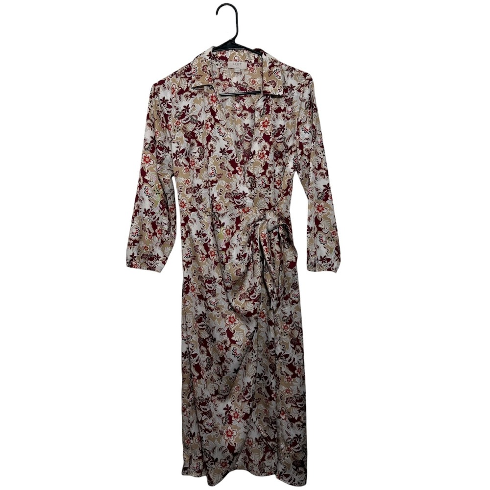 Loft Bohemian Chic Floral Wrap Midi Dress Burgundy Tan Women's Petite Size Small